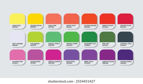 Parrot Flower Color Palette, Parrot Flower Color Guide Palette with Color Names. Catalog Samples of Impatiens psittacina Flower colors with RGB HEX code. hallowing Fashion Trend color tone shades