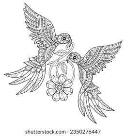 Parrot and flower hand drawn for adult coloring book