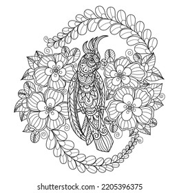 Parrot and flowers hand drawn for adult coloring book