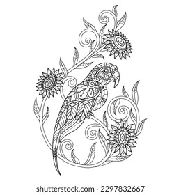 Parrot and flowers hand drawn for adult coloring book