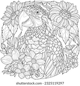 
Parrot with flowers.Coloring book antistress for children and adults. Illustration isolated on white background.Zen-tangle style. Hand draw