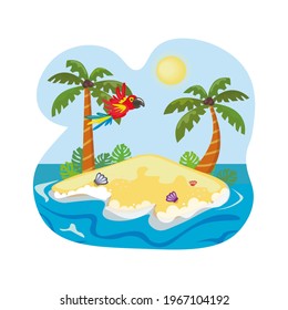 Parrot flying over an Island surrounded by ocean. Palm trees and sea shells on the sand.