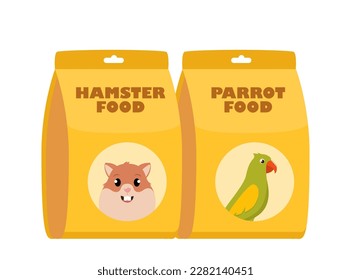 Parrot Food and Hamster food pack. Packages of dry food. Pet shop, domestic animal, care concept. Vector illustration