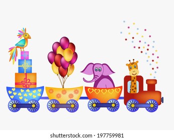 loro, jirafa, elefante en ilustración de marco de tren 