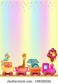 parrot, giraffe, elephant in train frame illustration 