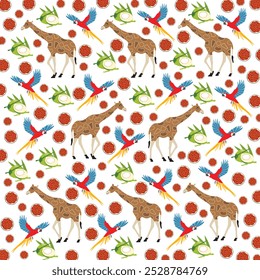 parrot, giraffe with fruit as a pattern background