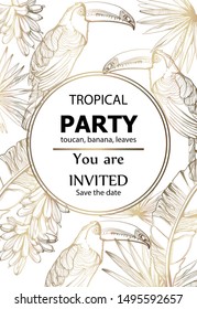 Parrot golden card Vector line art. Exotic palm leaves decor. Summer tropic party poster