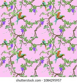 parrot and grapevine seamless pattern.