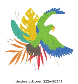 Parrot with green feathers among tropical plants leaves, flat vector illustration isolated on white background. Tropical parrot bird for prints and emblems design.