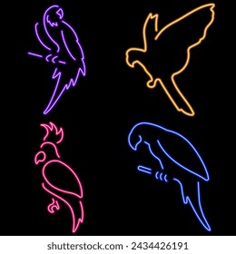 parrot group of neon icons, vector illustration on black background.