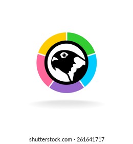 Parrot head in a colorful circle logo. Pet shop store sign template.