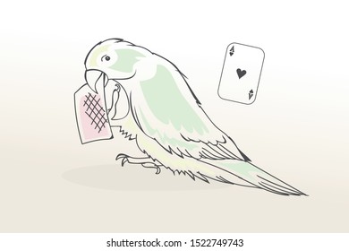 Parrot holds playing card in its beak. ACE of hearts. Gambling. Talking bird. Circus performance. Vector illustration.