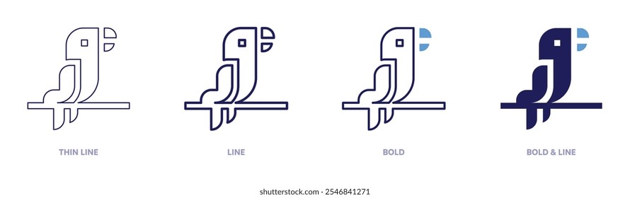 Ícone do papagaio em 4 estilos diferentes. Linha fina, Linha, Negrito e Linha Negrito. Estilo duotônico. Traçado editável.