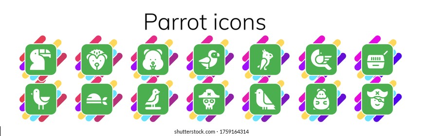 conjunto de iconos de loro. 14 íconos rellenos de loros.  Iconos modernos sencillos como: Toucan, Bird, Hedgehog, Pirate, Hamster, Parrot, Pet