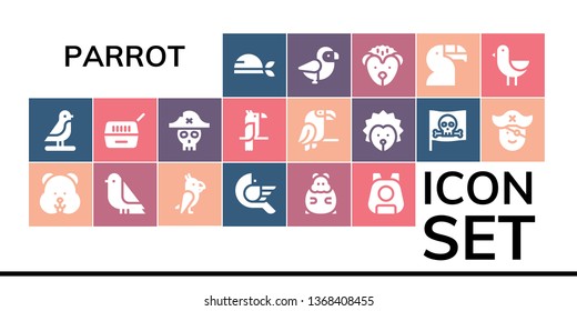 parrot icon set. 19 filled parrot icons.  Collection Of - Pirate, Bird, Hamster, Parrot, Pet, Hedgehog, Toucan