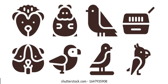 parrot icon set. 8 filled parrot icons. Included Hamster, Hedgehog, Bird, Parrot, Pet icons
