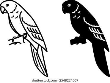 Iconos de loro. Ilustración vectorial en blanco y negro. Pájaro tropical. Loro doméstico en la rama. Para el diseño de libros para colorear. Concepto de animales