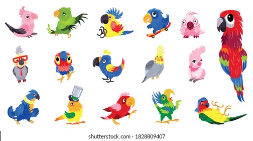 Parrot icons set. Cartoon set of parrot vector icons for web design