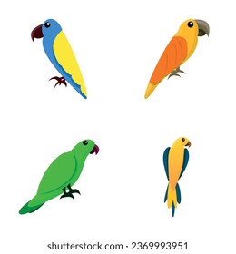 Iconos de loro establecen el vector de caricatura. Un pájaro tropical brillante. Selva y fauna silvestre de los bosques tropicales