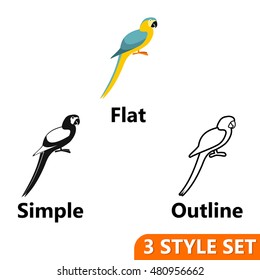 Parrot icons set in flat, simple and outline style isolated on white background. Birds symbol vector illustration