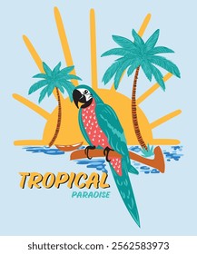 A parrot illustration with palm trees, sun and sea. Tropical Paradise slogan with parrot illustration for t-shirt, sweatshirt and other uses like poster, wall print etc.