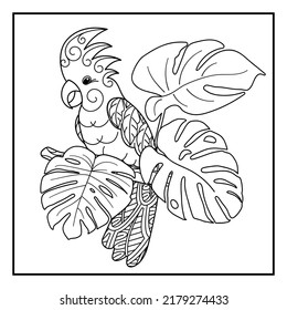 Parrot and leaf fitters. Black and white illustration. Antistress coloring book for adults and children.