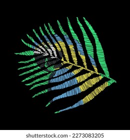 Papagei aus einem Blatt in der Stickereitechnik auf schwarzem Hintergrund.