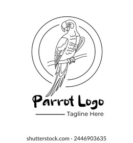 Parrot line art logo vector illustration with dummy text on white background.