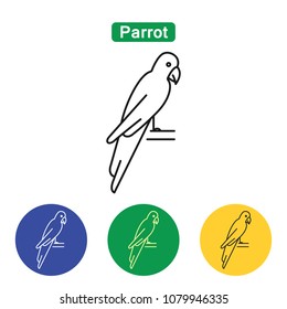 Parrot line icon logo element in black color for website apps print media. Flat outline symbols of parakeet in colorful circles vector illustration editable stroke. Isolated on white background