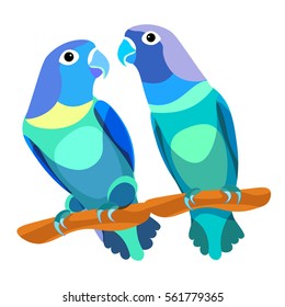 parrot lovebirds couple sitting head turned blue  vector illustration
