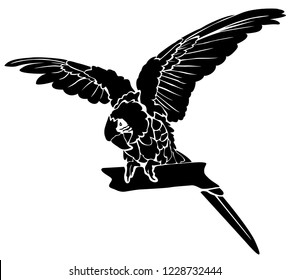 Parrot, macaw, ara. Vector tropical flying bird on white background. Stencil for laser cutting. Black and white logo, sign, emblem, symbol. Stamp. Simple illustration. Sketch. Die cut.