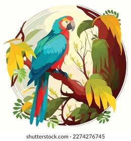 Parrot macaw in the branches of a tree in the rainforest. Tropical rainforest birds and animals. Flat vector illustration concept