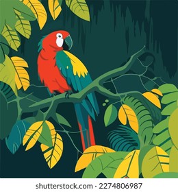 Parrot macaw in the branches of a tree in the rainforest. Tropical rainforest birds and animals. Flat vector illustration concept