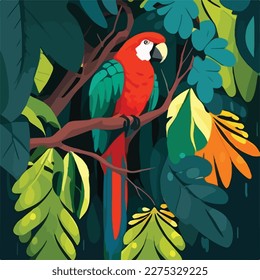 Parrot macaw in the branches of a tree in the rainforest. Tropical rainforest birds and animals. Flat vector illustration concept