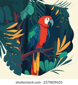 Parrot macaw in the branches of a tree in the rainforest. Tropical rainforest birds and animals. Flat vector illustration concept