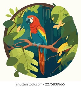 Parrot macaw in the branches of a tree in the rainforest. Tropical rainforest birds and animals. Flat vector illustration concept