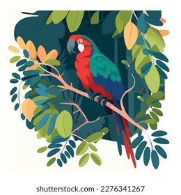 Parrot macaw in the branches of a tree in the rainforest. Tropical rainforest birds and animals. Flat vector illustration concept