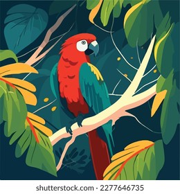 Parrot macaw in the branches of a tree in the rainforest. Tropical rainforest birds and animals. Flat vector illustration concept