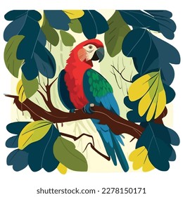 Parrot macaw in the branches of a tree in the rainforest. Tropical rainforest birds and animals. Flat vector illustration concept