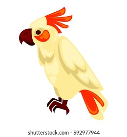 Parrot macaw standing with orange and beige feathers isolated on white. Tropical animal of big size with wings that can fly, with brown beak and paws. Vector flat illustration of isolated ara bird
