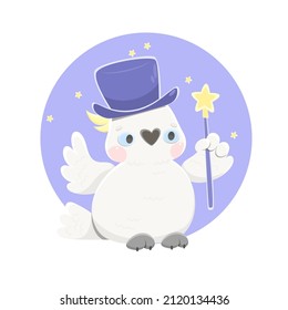 Parrot is a magician. The cockatoo is holding a magic wand. Vector illustration in cartoon style.