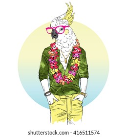 parrot man dressed up in aloha shirt, furry art illustration, fashion animals, hipster animals, summer illustration