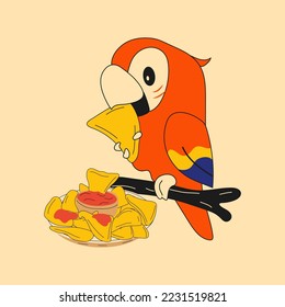 A parrot mascot eats nachos. Mexican nachos chips fast food snack