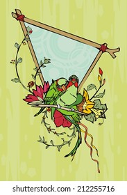 parrot mating with vintage triangle branches frame painting vector