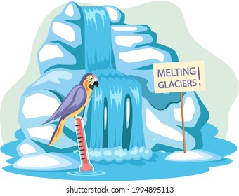 Parrot near on iceberg escapes from climate change and global warming. Animals during global warming concept. Melting ice affects bird kingdom. Ara parrot sits on thermometer, changing water level