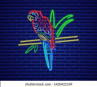 Parrot neon Vector. Glowing shiny colorful bird decor. Banner template