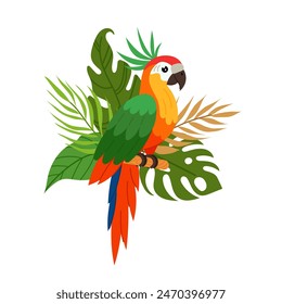 Parrot on a background of tropical plants in a flat style. Composition of tropical plants and tropical birds. Summer tropical sticker.