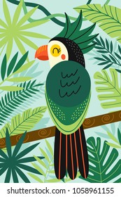 parrot on branch among tropical plants- vector illustration, eps