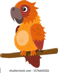 A parrot on a branch. Cheerful, kind parrot in flat style. Isolated.