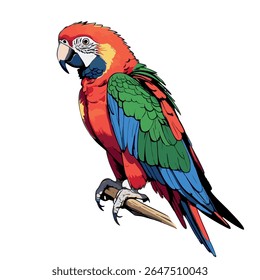 Papagaio no galho - vetor colorido de visão lateral corpo inteiro no fundo branco, ilustração de vetor 2D

